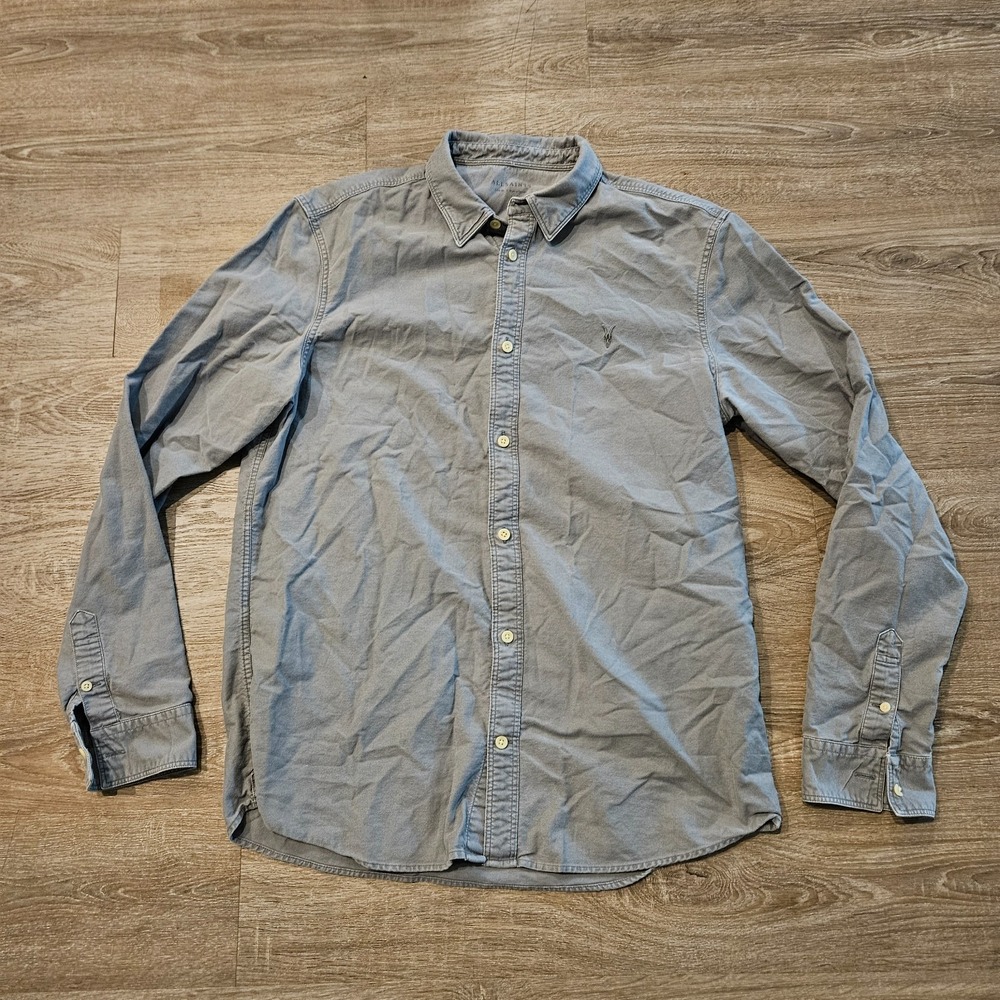 AllSaints‎ Ramskull Oxford Button Up Shirt Mens Large Gray Long Sleeve Cotton
